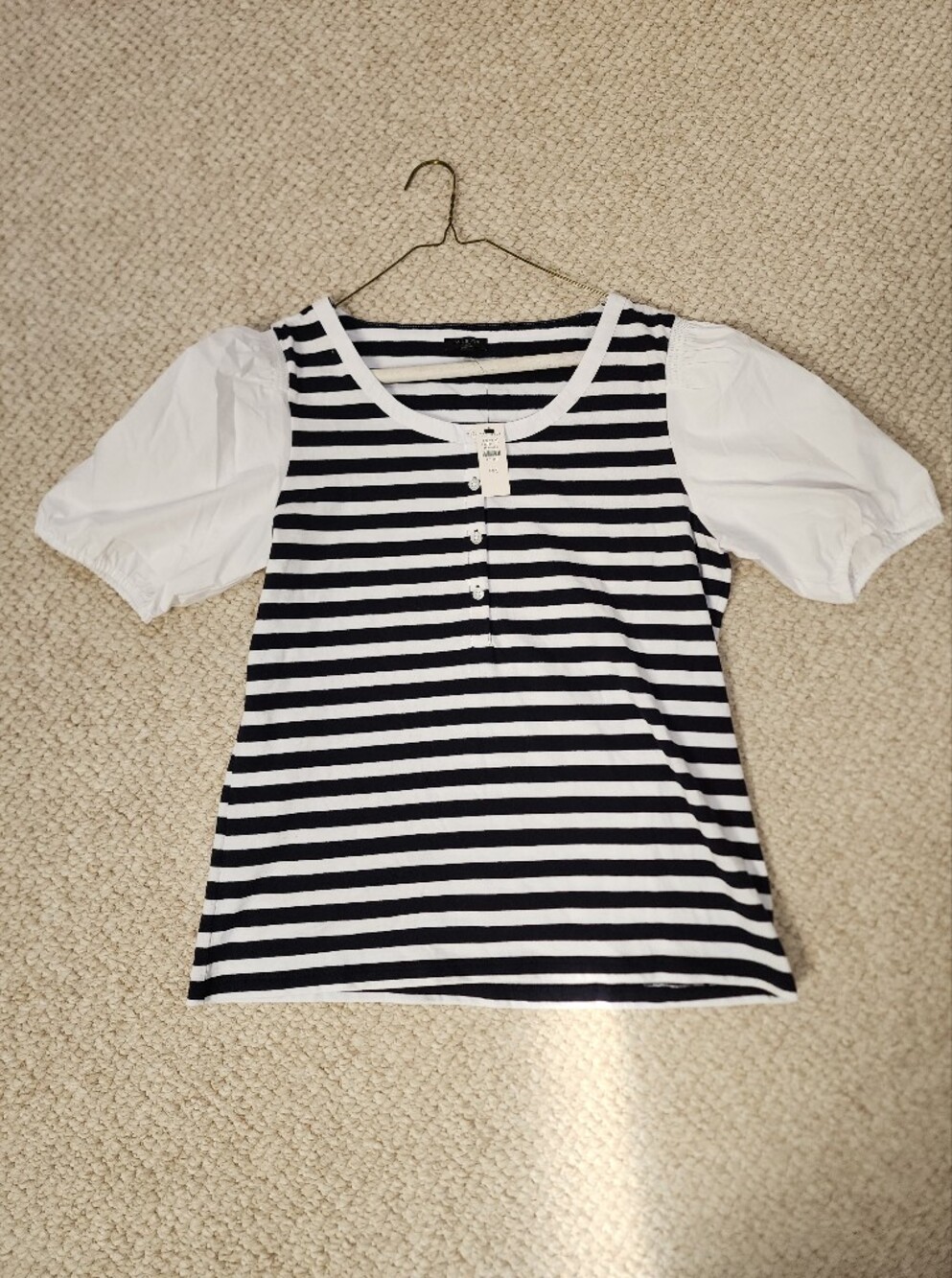 Nwt Talbots Navy Blue & White Striped Puff Sleeve  Mixed Media Tee Sz Petite M